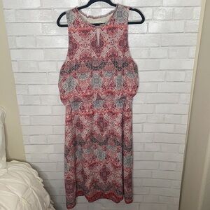 Garnet Hill Red Print Silk Sleeveless Keyhole Dress